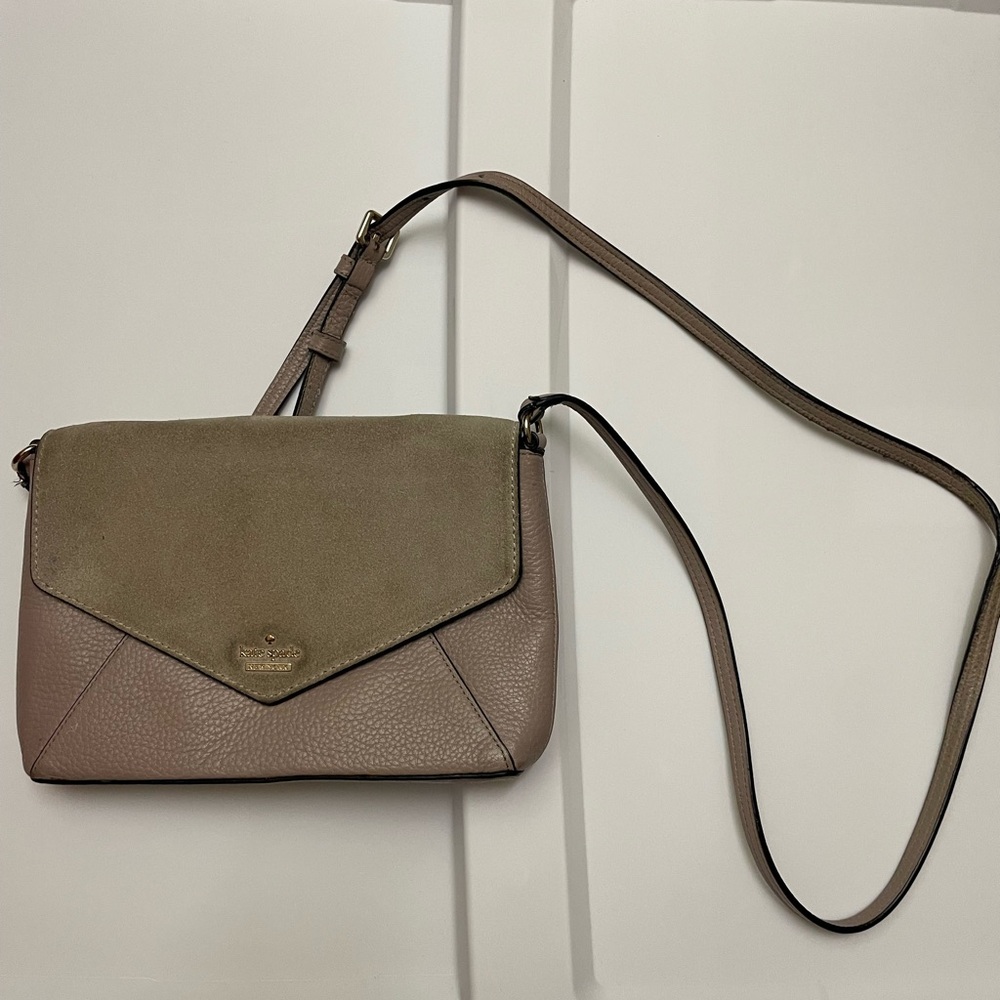kate spade taupe and olive suede flap crossbody bag used condition